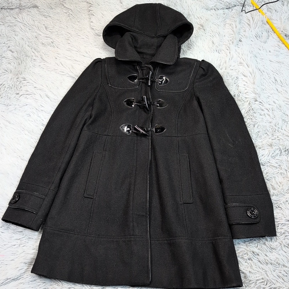 Guess Jacket Womens M Black Coat Wool Blend Zip Up Removable Hood Pockets Cozy
